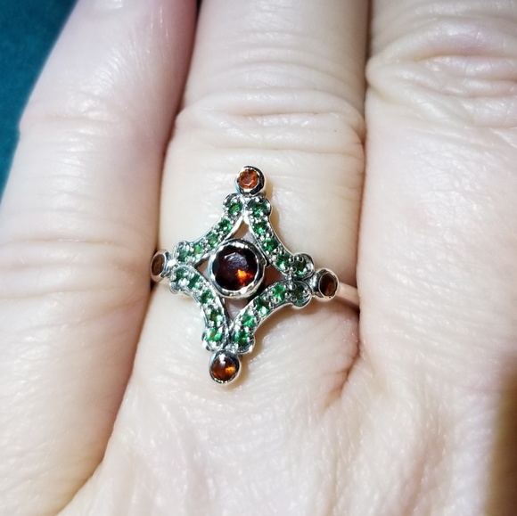 Hand Crafted Jewelry - .925 Silver Smoky Topaz & Emerald Filigree Ring 8